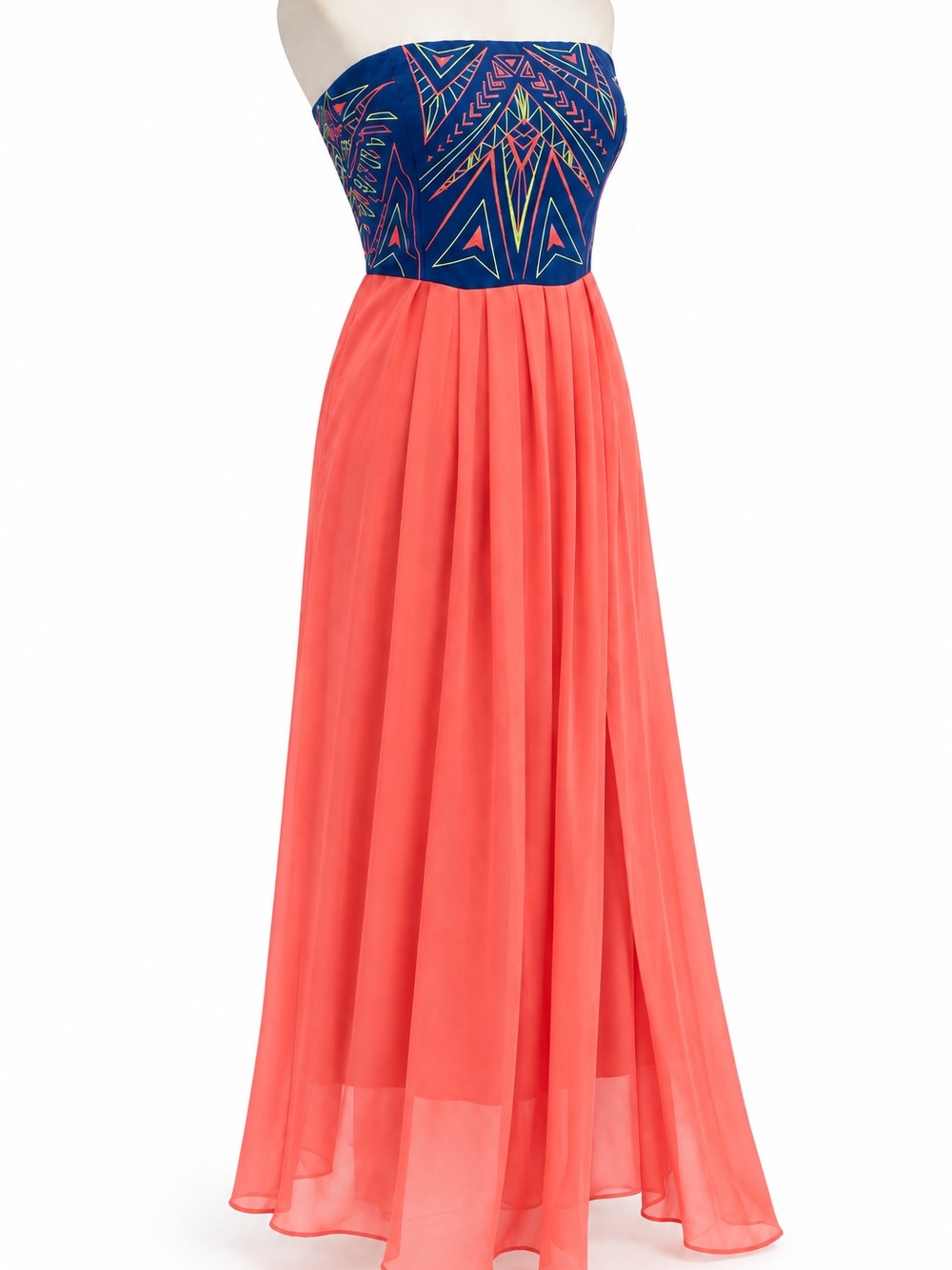 Jealous Tomato Coral Maxi with Navy Patterned Strapless Bodice